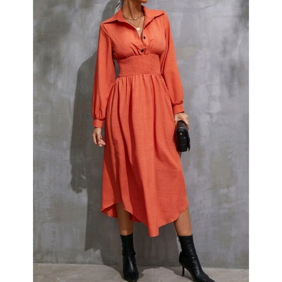 Shirred Waist Solid High Waist Buttoned Dress - Picture 2 of 8